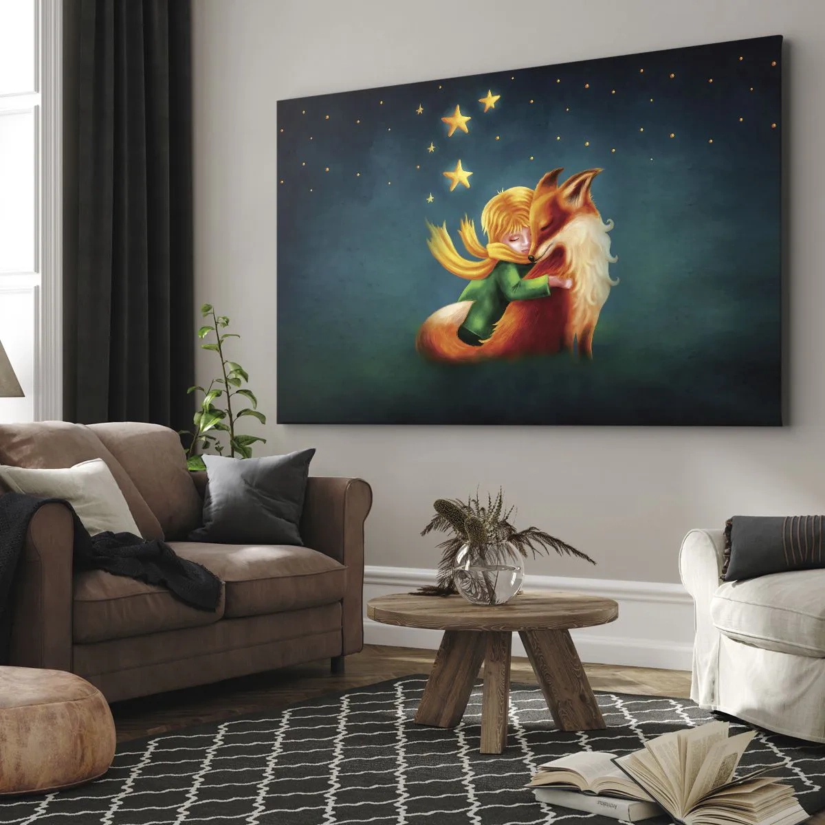 Obraz na płótnie - Chłopiec z lisem w magicznej scenerii z gwiazdami - 70x50cm - Mały Książę - Nowoczesna dekoracja ścienna do salonu i sypialni ARTTOR