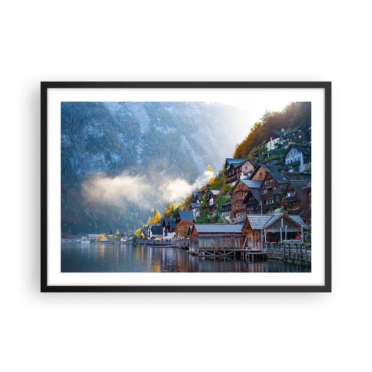 Plakat w czarnej ramie - Górska wioska nad jeziorem w jesiennej scenerii - 70x50cm - Alpejskie klimaty - Nowoczesna dekoracja ścienna do salonu i sypialni ARTTOR