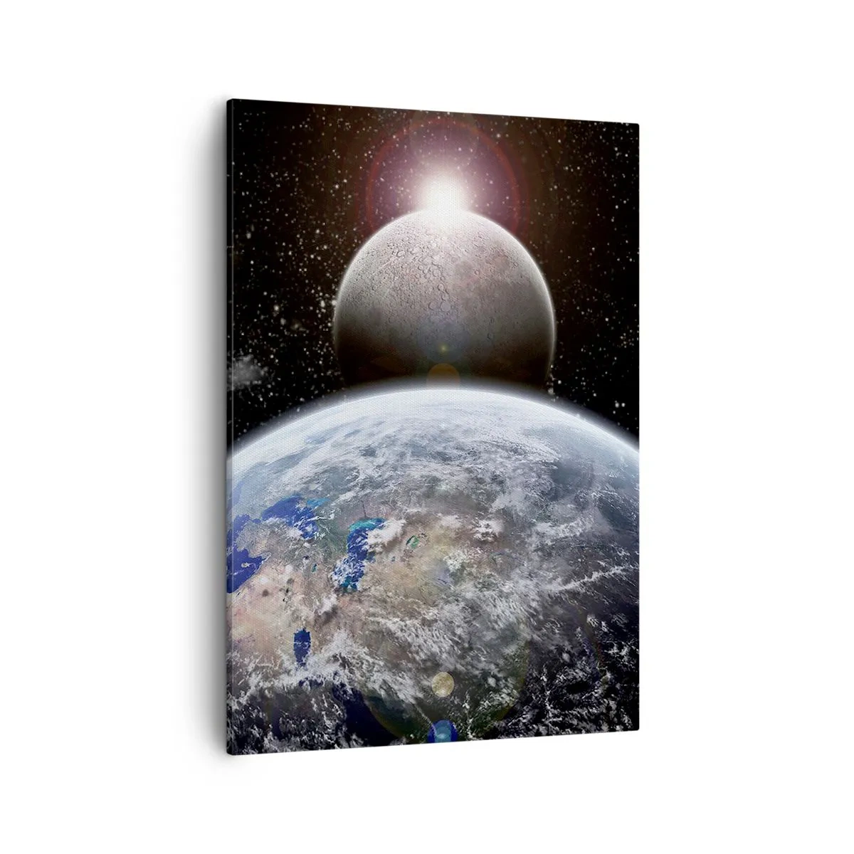 Obraz na płótnie - Kosmiczna przestrzeń z planetą i księżycem - 50x70cm - Pejzaż kosmiczny - wschód słońca - Nowoczesna dekoracja ścienna do salonu, kuchni i sypialni ARTTOR