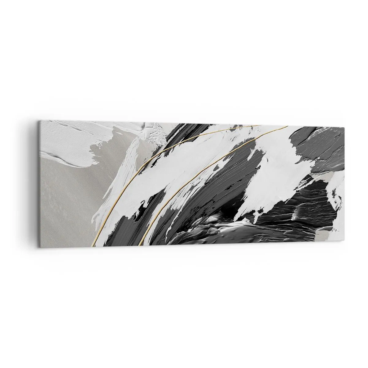 Obraz na płótnie - Czarno-białe pociągnięcia farby z delikatnym złotym akcentem - 140x50cm - Abstrakcja z rozmachem - Nowoczesna dekoracja ścienna do salonu i sypialni ARTTOR