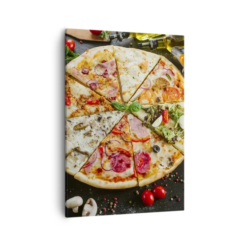 Obraz na płótnie - Pizza z różnymi dodatkami ułożona na czarnym tle z pomidorkami i przyprawami - 50x70cm - Wachlarz smaków - Nowoczesna dekoracja ścienna do salonu, kuchni i sypialni ARTTOR