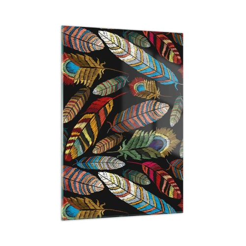 Obraz na szkle - Kolorowe pióra na ciemnym tle w artystycznym wzorze - 50x70cm - Ptasi karnawał - Nowoczesna dekoracja ścienna do salonu, kuchni i sypialni ARTTOR