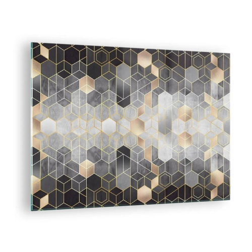 Obraz na szkle - Geometryczny wzór z heksagonów w złotych liniach - 70x50cm - Diamentowa kompozycja - Nowoczesna dekoracja ścienna do salonu i sypialni ARTTOR