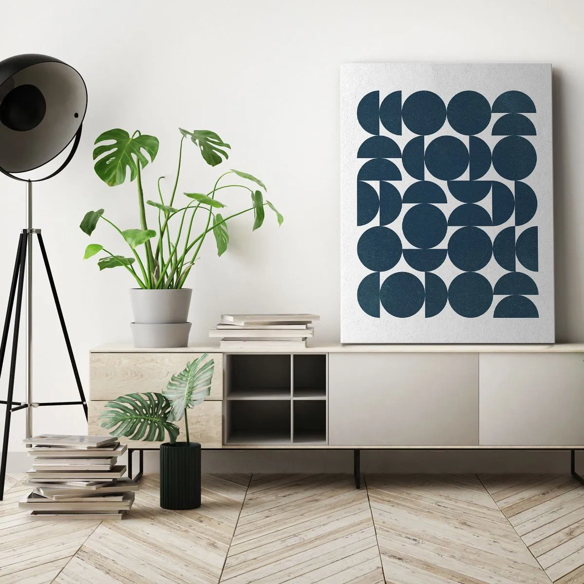 Obraz na płótnie - Geometryczna kompozycja z niebieskich półokręgów i okręgów - 50x70cm - Koła i półkola - Nowoczesna dekoracja ścienna do salonu, kuchni i sypialni ARTTOR