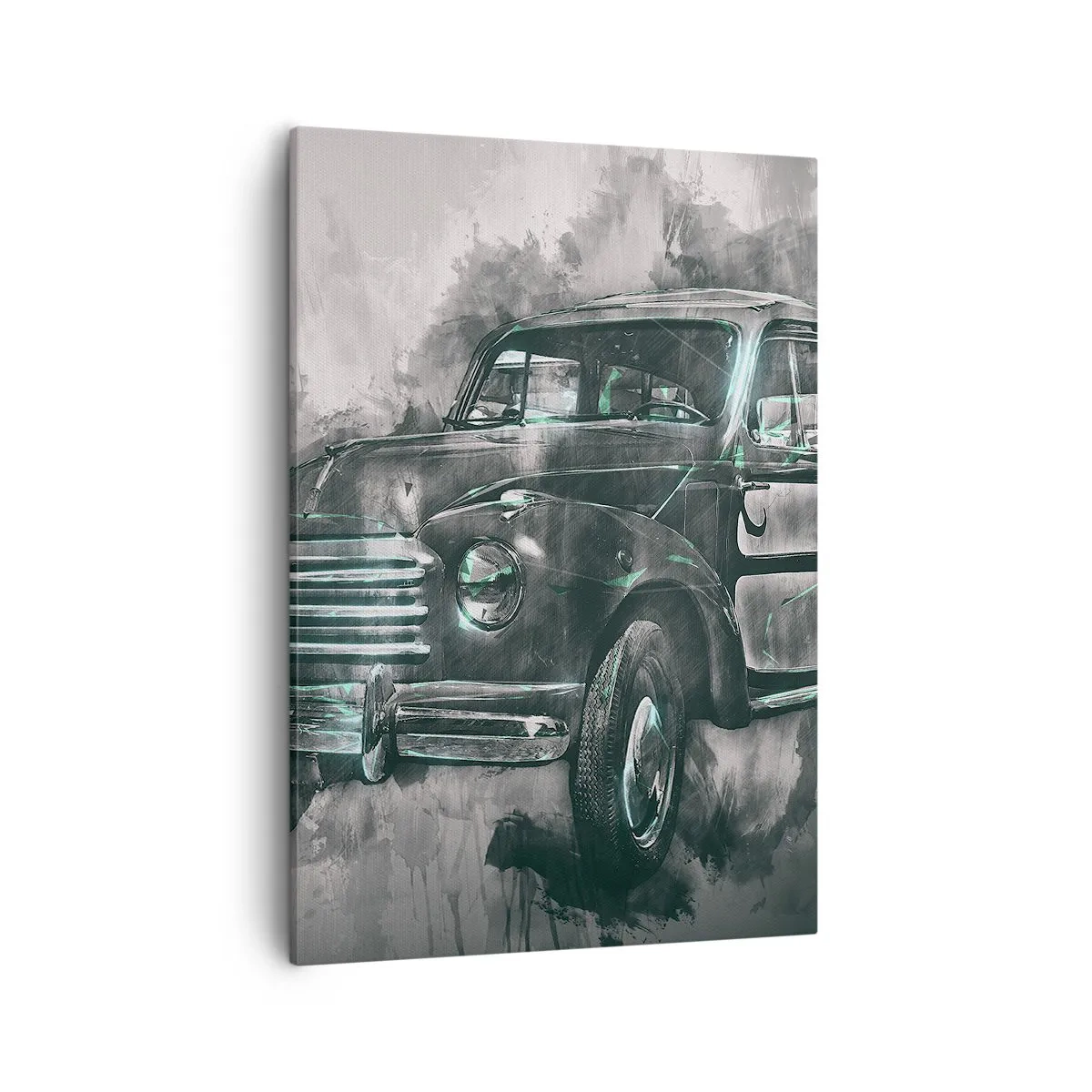 Obraz na płótnie - Czarno-biała ilustracja klasycznego samochodu retro z artystycznym efektem - 50x70cm - Szacowny przodek - Nowoczesna dekoracja ścienna do salonu, kuchni i sypialni ARTTOR