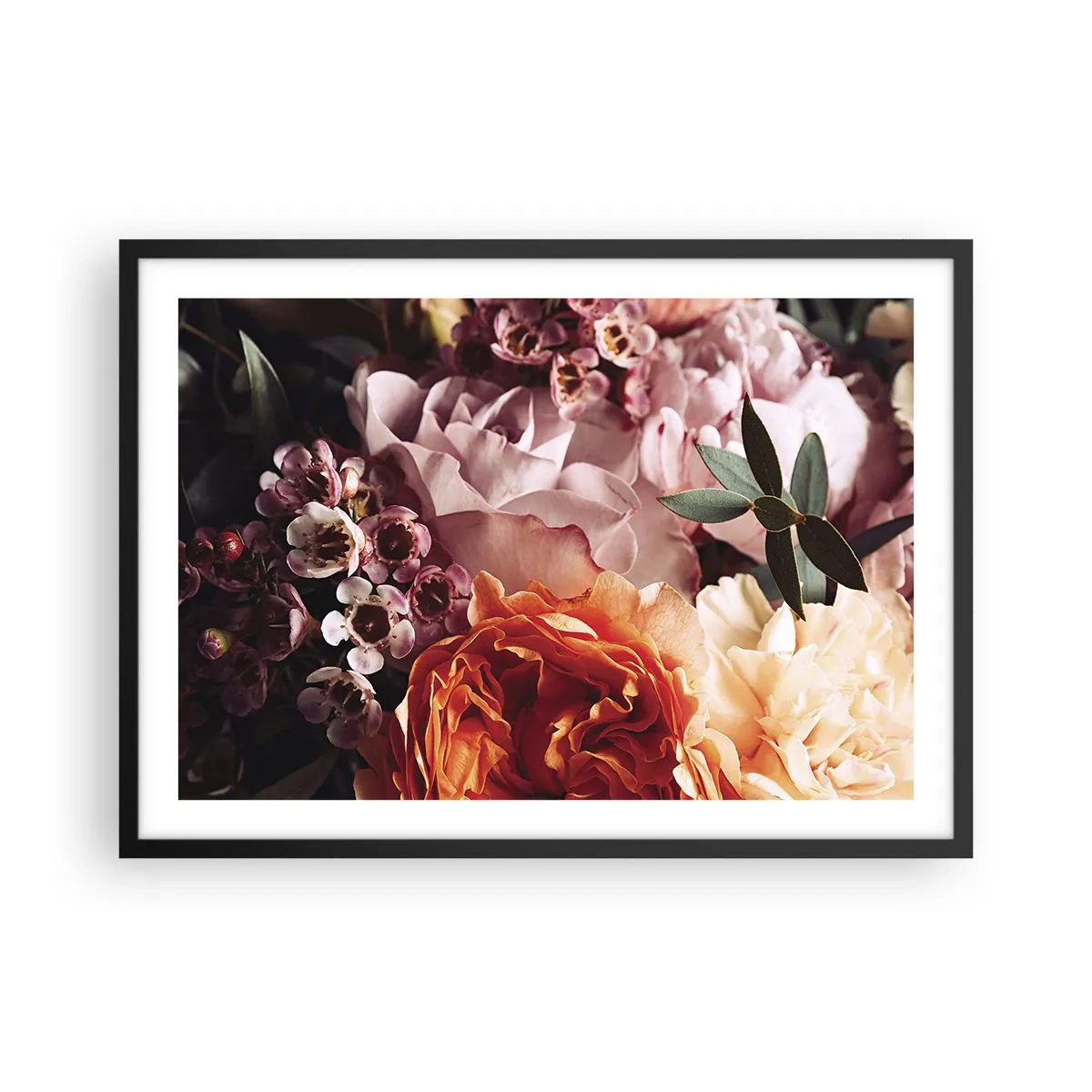 Plakat w czarnej ramie - Kompozycja kolorowych kwiatów w zbliżeniu - 70x50cm - Otulone pięknem - Nowoczesna dekoracja ścienna do salonu i sypialni ARTTOR