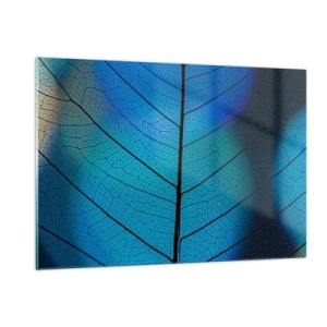 Obraz na szkle - Zbliżenie błękitnego liścia z widoczną strukturą żyłek - 120x80cm - Misterna budowa - Nowoczesna dekoracja ścienna do salonu, kuchni i sypialni ARTTOR