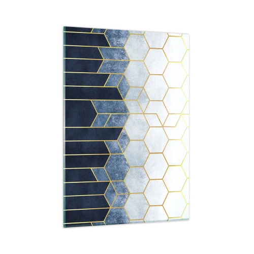 Obraz na szkle - Geometryczny wzór w złoto-granatowej kolorystyce - 50x70cm - Kompozycja w synkopowym rytmie - Nowoczesna dekoracja ścienna do salonu, kuchni i sypialni ARTTOR