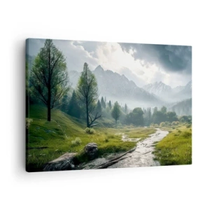 Obraz na płótnie - Górski krajobraz z rzeką i drzewami w otoczeniu mglistych gór - 70x50cm - Tam i z powrotem - Nowoczesna dekoracja ścienna do salonu i sypialni ARTTOR