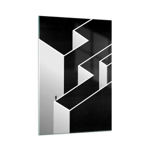 Obraz na szkle - Czarna i biała abstrakcyjna przestrzeń z samotną postacią na krawędzi - 70x100cm - Samotność na szczycie - Nowoczesna dekoracja ścienna do salonu i sypialni ARTTOR