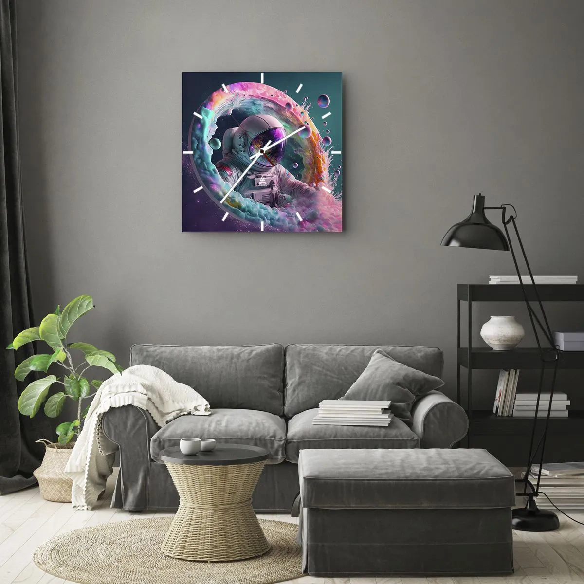 Zegar ścienny - Astronauta w kolorowej kosmicznej aurze - 30x30cm - Gwiezdne wrota - Nowoczesna dekoracja ścienna do salonu i sypialni ARTTOR