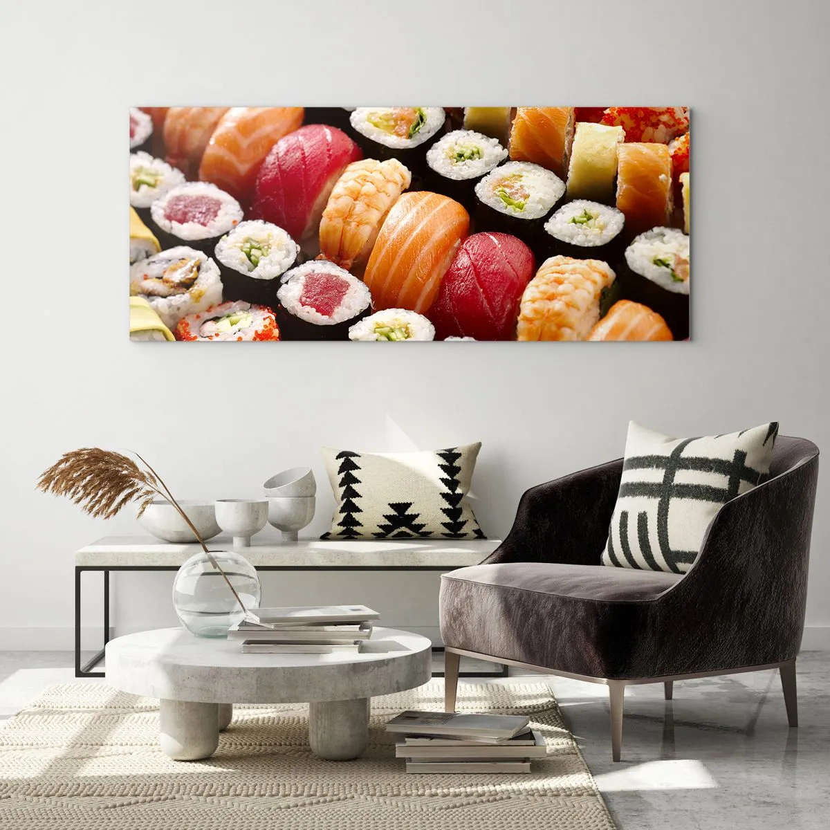 Obraz na szkle - Kolorowe sushi ułożone w rzędy z różnorodnymi dodatkami - 140x50cm - Barwy i smaki Azji - Nowoczesna dekoracja ścienna do salonu i sypialni ARTTOR