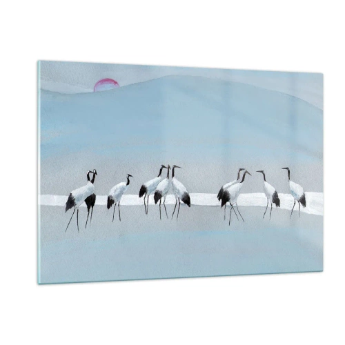 Obraz na szkle - Grupa żurawi na tle niebieskich gór i zachodu słońca - 120x80cm - Po gorącym dniu - Nowoczesna dekoracja ścienna do salonu, kuchni i sypialni ARTTOR
