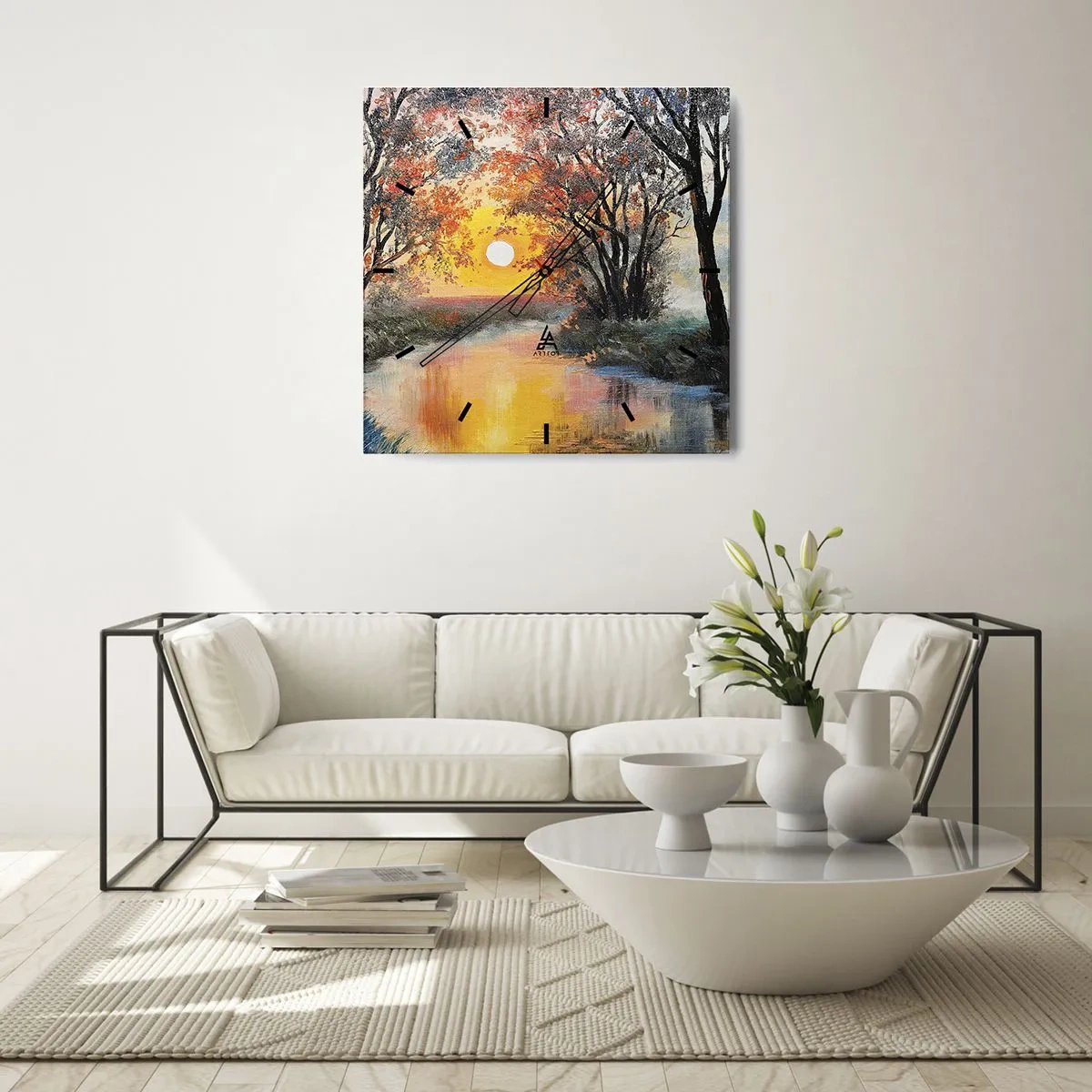 Zegar ścienny - Zachód słońca nad rzeką w jesiennym krajobrazie - 30x30cm - Jesienne klimaty - Nowoczesna dekoracja ścienna do salonu i sypialni ARTTOR