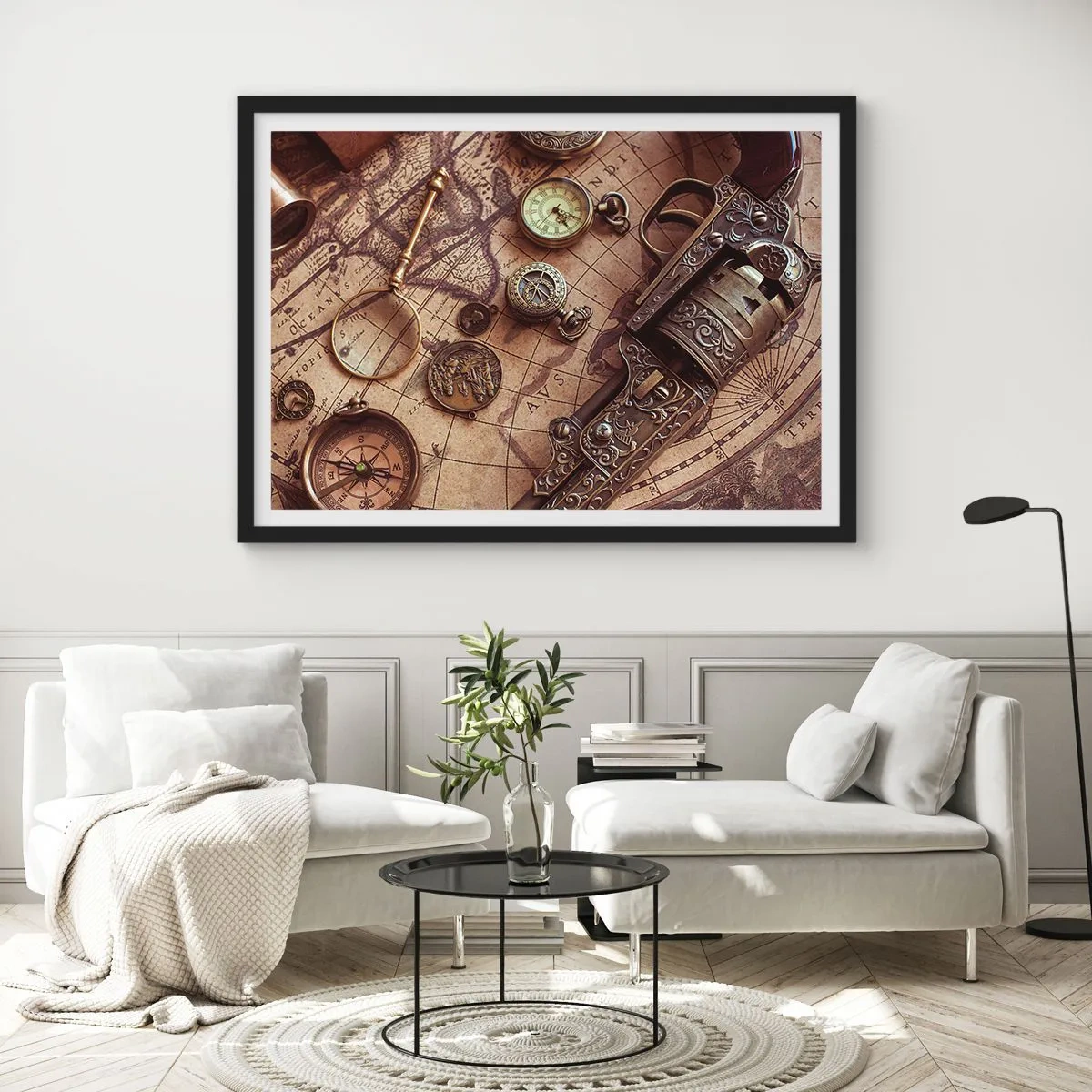 Plakat w czarnej ramie - Zabytkowe przedmioty na starej mapie w retro stylu - 70x50cm - Przygoda wzywa - Nowoczesna dekoracja ścienna do salonu i sypialni ARTTOR