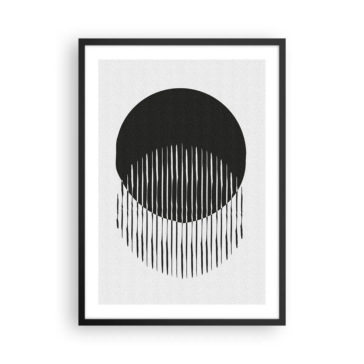 Plakat w czarnej ramie - Abstrakcyjna kompozycja czarnego koła i pionowych linii - 50x70cm - Jego alter ego - Nowoczesna dekoracja ścienna do salonu i sypialni ARTTOR