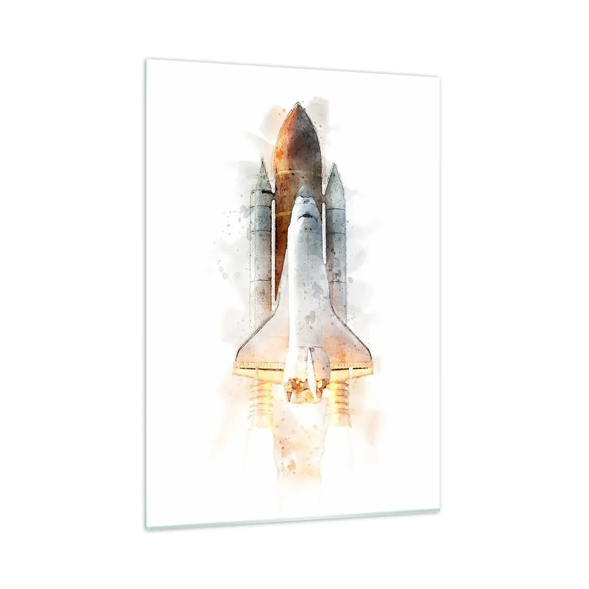 Obraz na szkle - Startujący wahadłowiec kosmiczny w akwarelowym stylu na białym tle - 50x70cm - Odkrywcy na start - Nowoczesna dekoracja ścienna do salonu, kuchni i sypialni ARTTOR