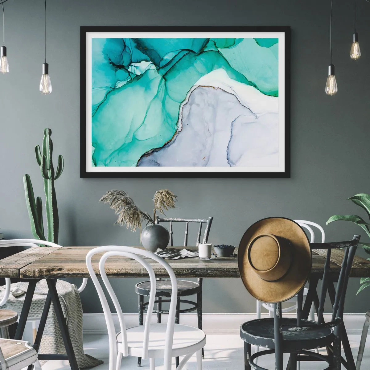 Plakat w czarnej ramie - Abstrakcyjny wzór w odcieniach turkusu i bieli - 70x50cm - Studium w turkusie - Nowoczesna dekoracja ścienna do salonu i sypialni ARTTOR