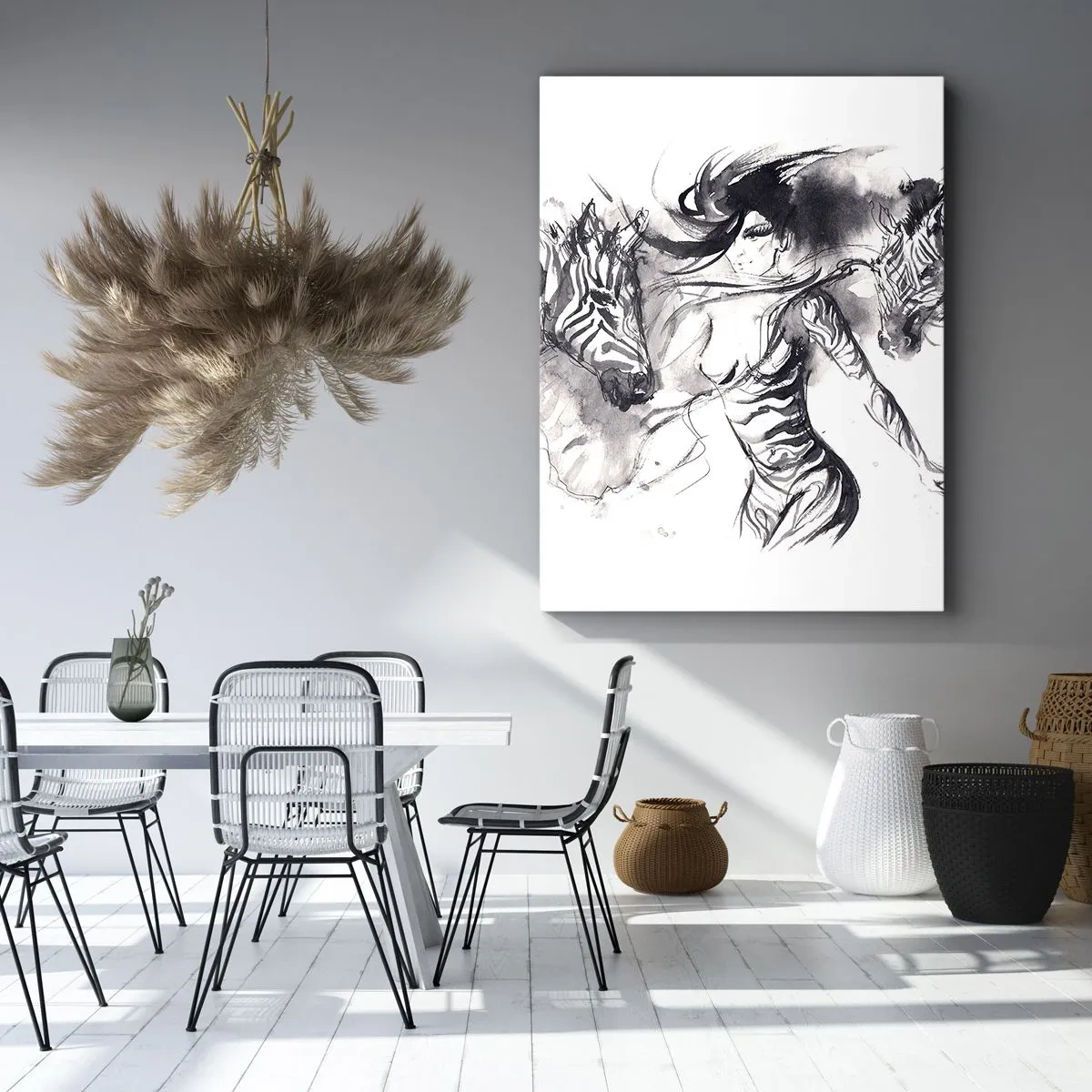 Obraz na płótnie - Kobieta z dwiema zebrami w dynamicznej, artystycznej kompozycji - 50x70cm - Tańcząca z zebrami - Nowoczesna dekoracja ścienna do salonu, kuchni i sypialni ARTTOR
