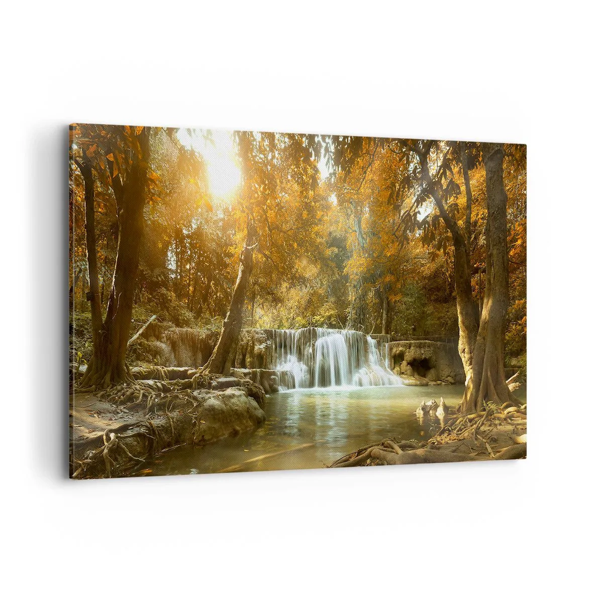Obraz na płótnie - Jesienny krajobraz z wodospadem - 120x80cm - Parkowa kaskada - Nowoczesna dekoracja ścienna do salonu, kuchni i sypialni ARTTOR