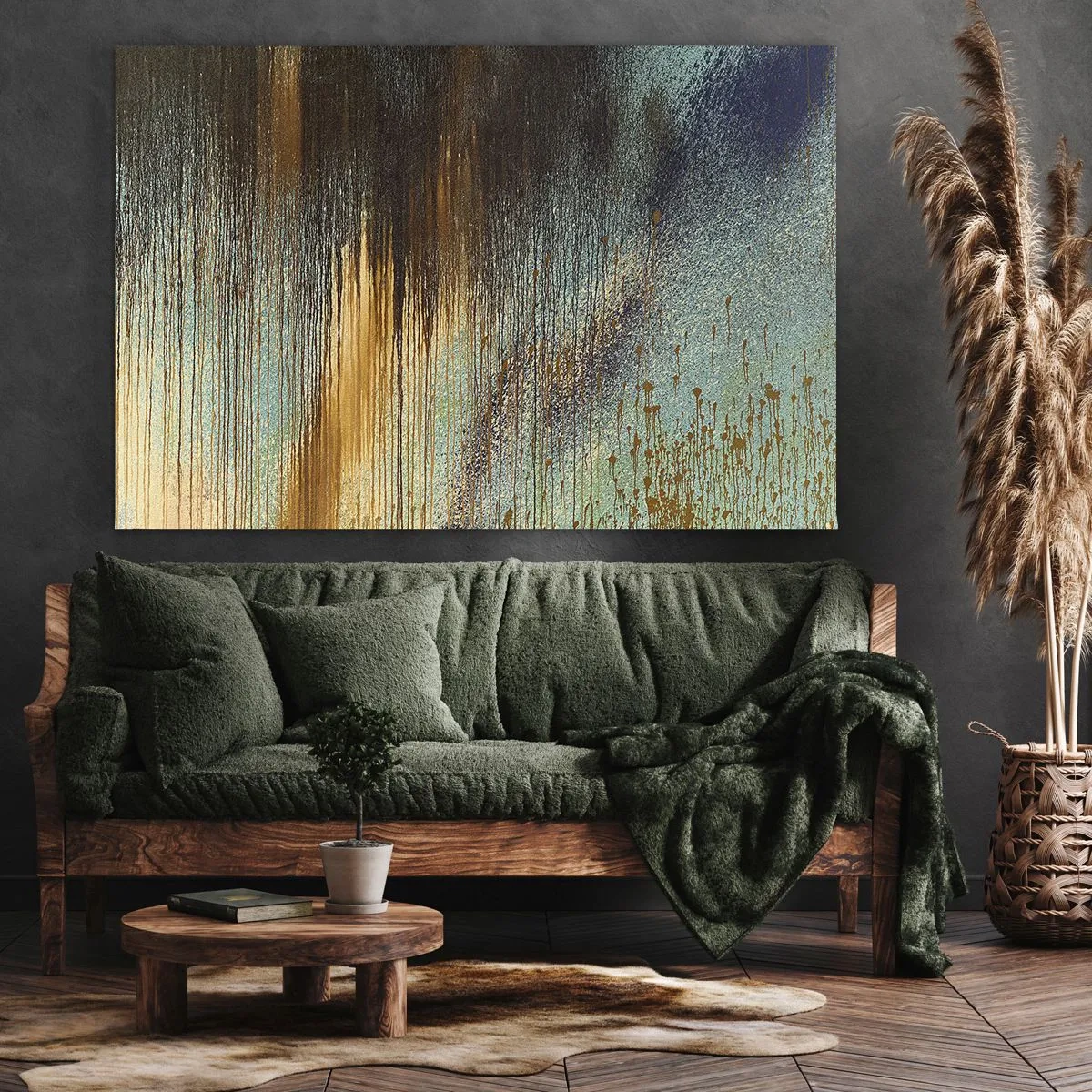 Obraz na płótnie - Abstrakcyjna kompozycja barw w odcieniach złota, brązu i błękitu - 70x50cm - Nieprzypadkowa barwna kompozycja - Nowoczesna dekoracja ścienna do salonu i sypialni ARTTOR