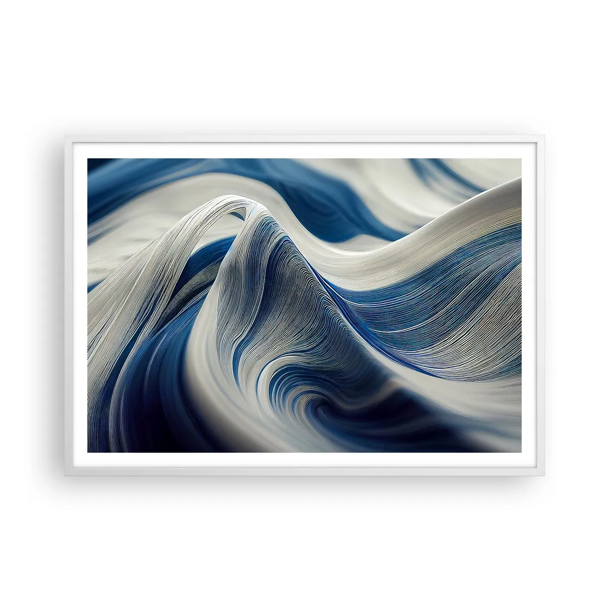 Plakat w białej ramie - Płynność błękitu i bieli - 100x70 cm