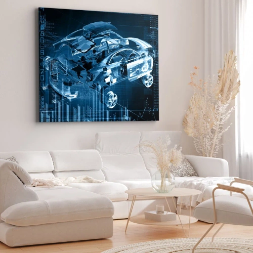 Obraz na płótnie - Nowoczesny rysunek techniczny auta z elementami konstrukcji - 70x50cm - Inżynierska anatomia - Nowoczesna dekoracja ścienna do salonu i sypialni ARTTOR