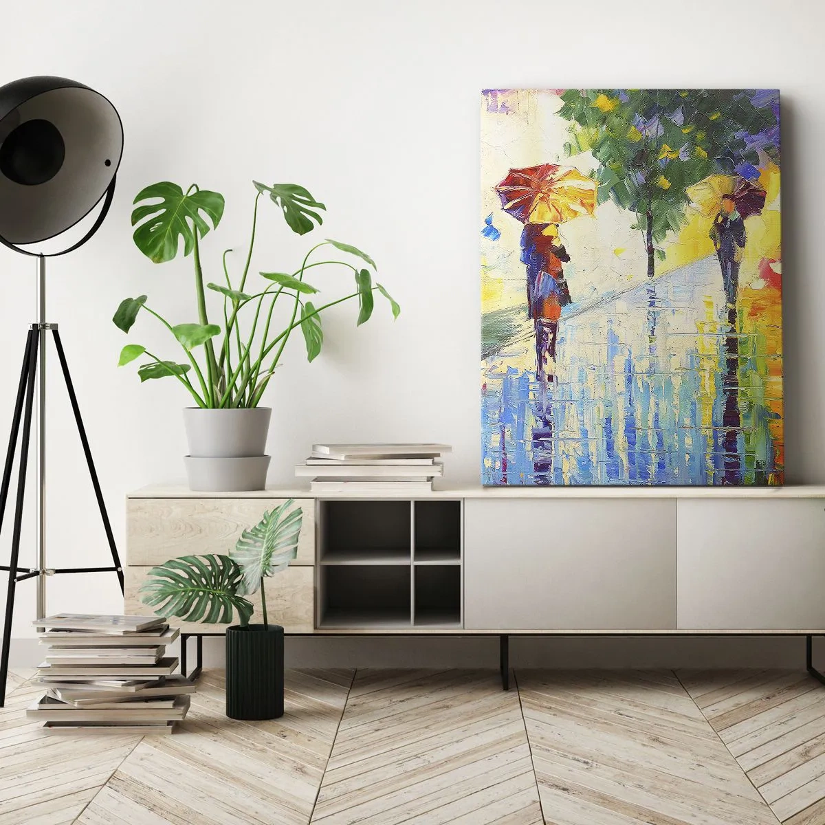 Obraz na płótnie - Spacer z parasolką w kolorowym deszczowym pejzażu - 70x100cm - I wszystko jasne - Nowoczesna dekoracja ścienna do salonu i sypialni ARTTOR