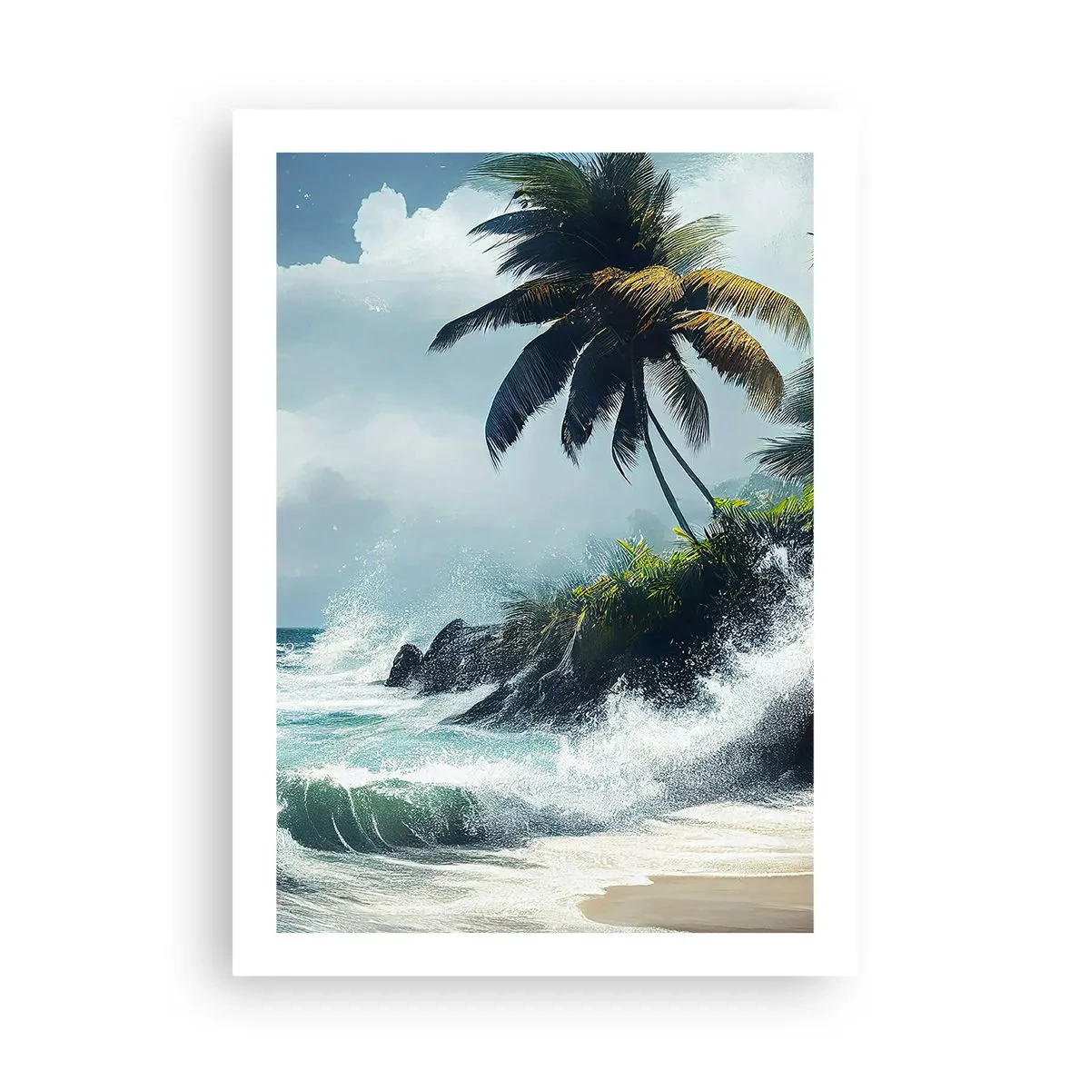 Plakat - Tropikalna plaża z palmami i wzburzonym oceanem - 50x70cm - Na tropikalnym brzegu - Nowoczesna dekoracja ścienna do salonu, kuchni i sypialni ARTTOR
