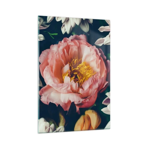 Obraz na szkle - Kwiatowa kompozycja z piwonią i chryzantemami na ciemnym tle - 80x120cm - Z barokowym przepychem - Nowoczesna dekoracja ścienna do salonu i sypialni ARTTOR