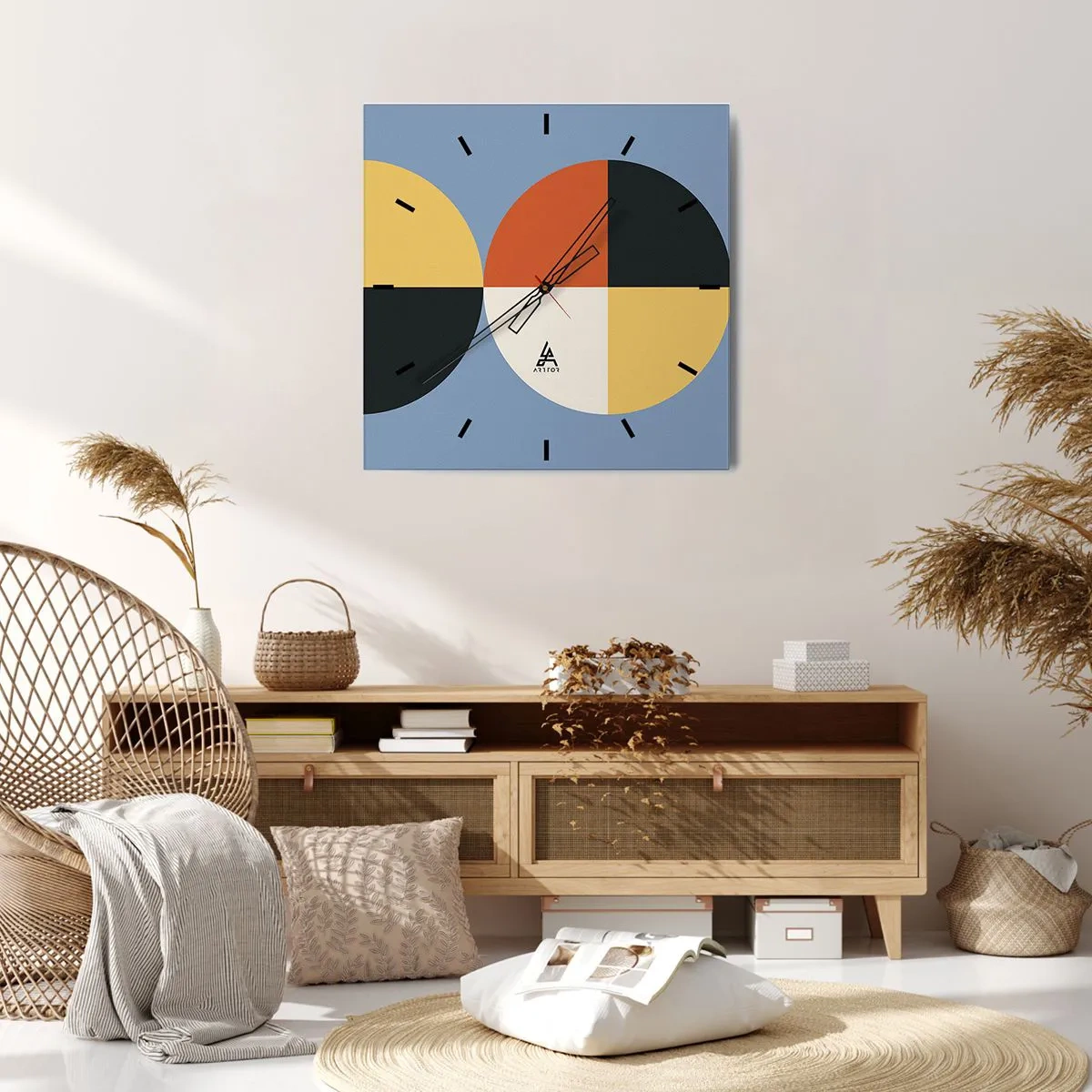 Zegar ścienny - Geometryczne koła na błękitnym tle - 30x30cm - Patrz i licz - Nowoczesna dekoracja ścienna do salonu i sypialni ARTTOR