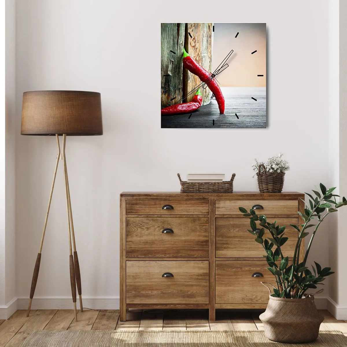 Zegar ścienny - Dwie czerwone papryczki chili na drewnianym tle z rustykalnym akcentem - 30x30cm - Red hot chili peppers - Nowoczesna dekoracja ścienna do salonu i sypialni ARTTOR