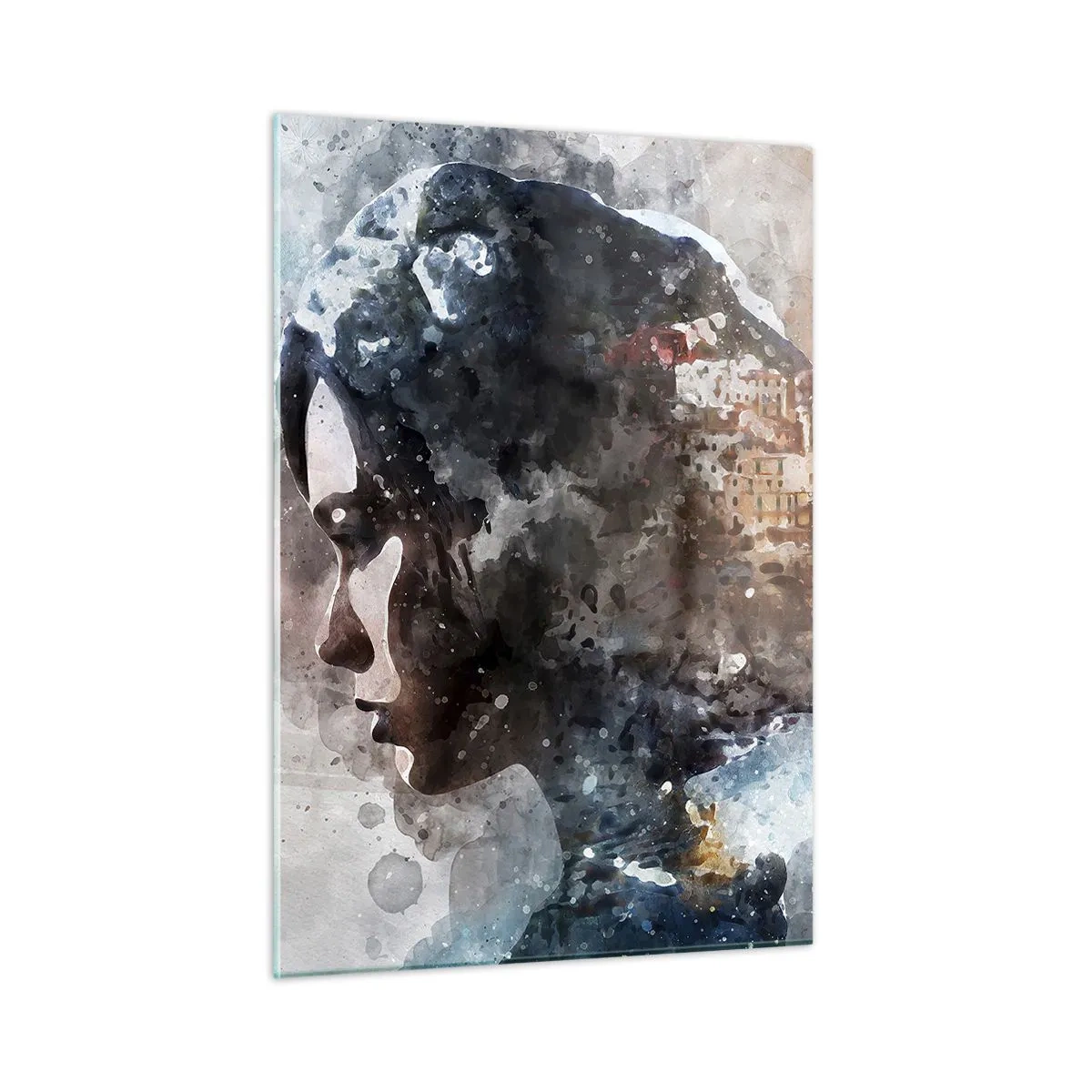 Obraz na szkle - Profil kobiety w akwarelowym stylu z miastem w tle - 50x70cm - Opowieść o dziewczynie z miastem w tle - Nowoczesna dekoracja ścienna do salonu, kuchni i sypialni ARTTOR