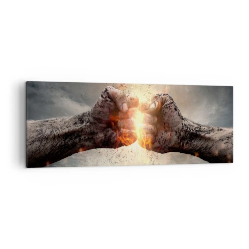 Obraz na płótnie - Zaciśnięte pięści w dynamicznej scenerii z ogniem - 140x50cm - Stań do walki - Nowoczesna dekoracja ścienna do salonu i sypialni ARTTOR
