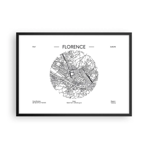 Plakat w czarnej ramie - Mapa Florencji w minimalistycznym, czarno-białym stylu - 70x50cm - Anatomia Florencji - Nowoczesna dekoracja ścienna do salonu i sypialni ARTTOR