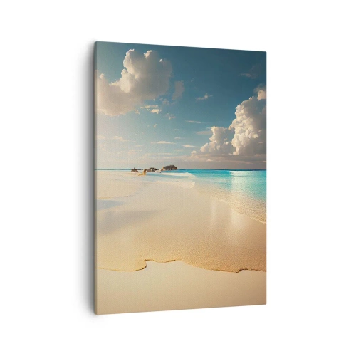 Obraz na płótnie - Tropikalna plaża z turkusowym morzem i białym piaskiem - 50x70cm - Wymarzony dzień - Nowoczesna dekoracja ścienna do salonu, kuchni i sypialni ARTTOR