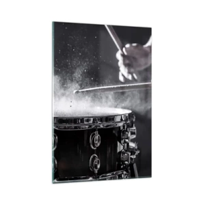 Obraz na szkle - Uderzenie pałeczkami w werbel z efektem pyłu - 80x120cm - Puls muzyki - Nowoczesna dekoracja ścienna do salonu i sypialni ARTTOR