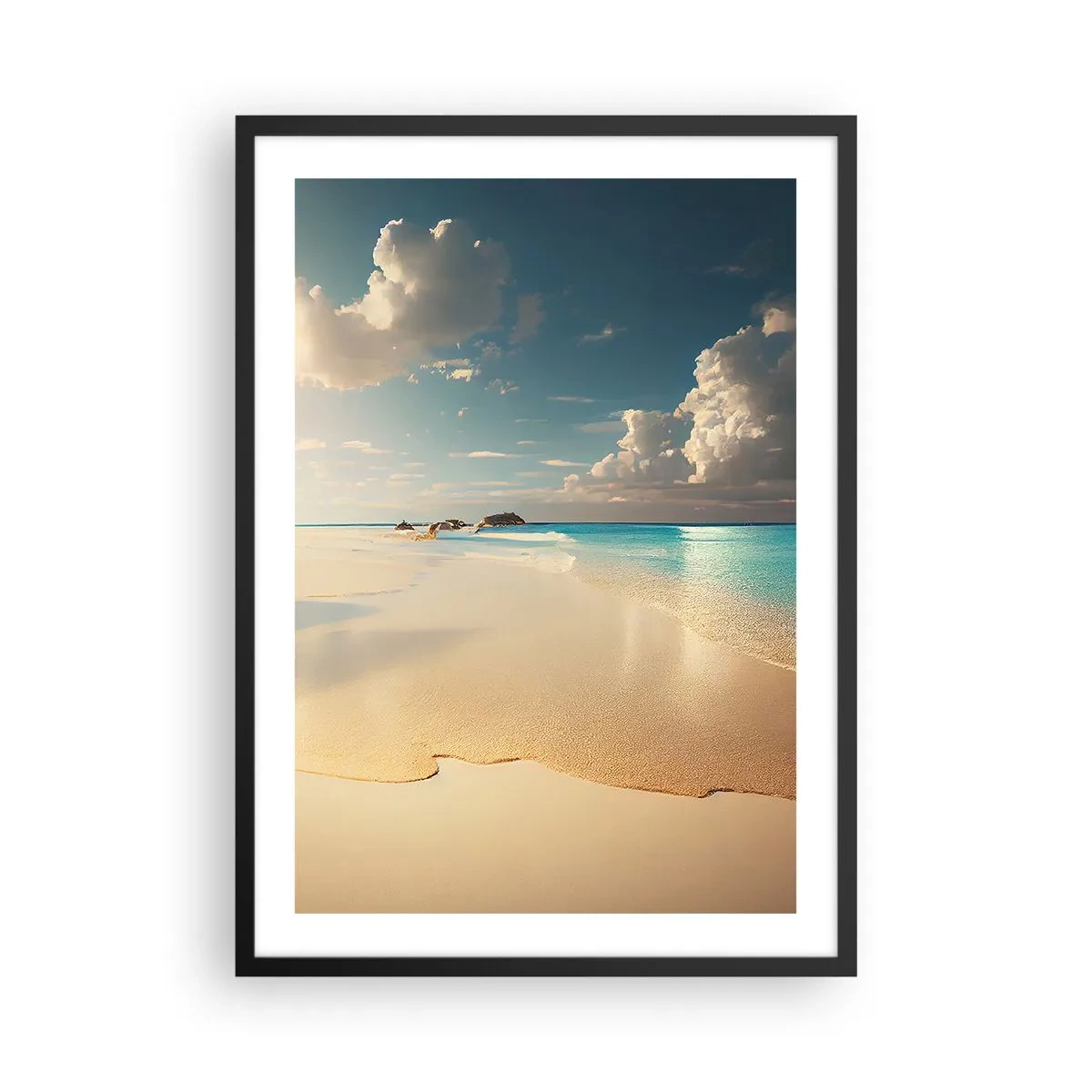 Plakat w czarnej ramie - Plaża z turkusową wodą, delikatnymi chmurami i piaskiem - 50x70cm - Wymarzony dzień - Nowoczesna dekoracja ścienna do salonu i sypialni ARTTOR
