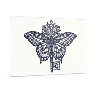 Obraz na szkle - Ilustracja przedstawiająca motyla z kluczem w centrum - 120x80cm - Wszystkie tajemnice serca - Nowoczesna dekoracja ścienna do salonu, kuchni i sypialni ARTTOR