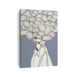 Obraz na płótnie - Grafika kobiety z głową ukrytą w chmurach na niebieskim tle - 50x70cm - Z głową w chmurach - Nowoczesna dekoracja ścienna do salonu, kuchni i sypialni ARTTOR