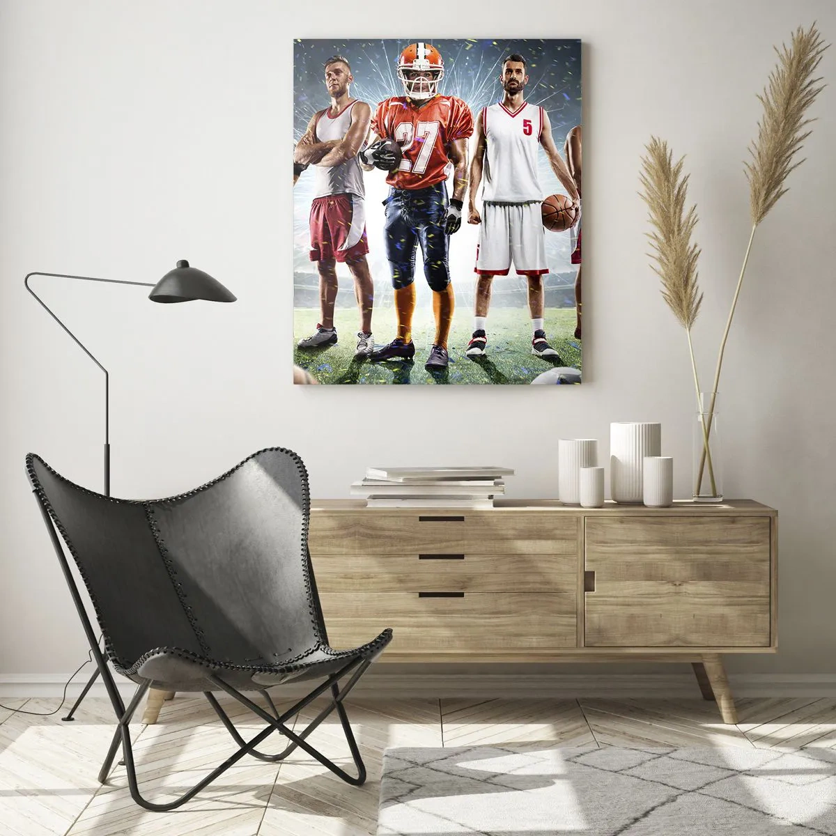 Obraz na szkle - Dynamiczna scena sportowców różnych dyscyplin na stadionie w świetle reflektorów - 70x100cm - Gladiatorzy boisk - Nowoczesna dekoracja ścienna do salonu i sypialni ARTTOR
