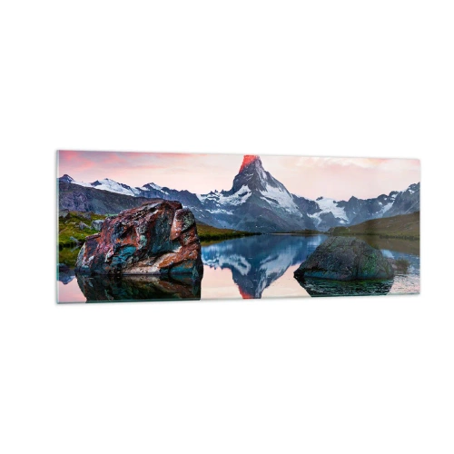 Obraz na szkle - Górski szczyt odbijający się w jeziorze o zachodzie słońca - 140x50cm - Serce gór jest gorące - Nowoczesna dekoracja ścienna do salonu i sypialni ARTTOR