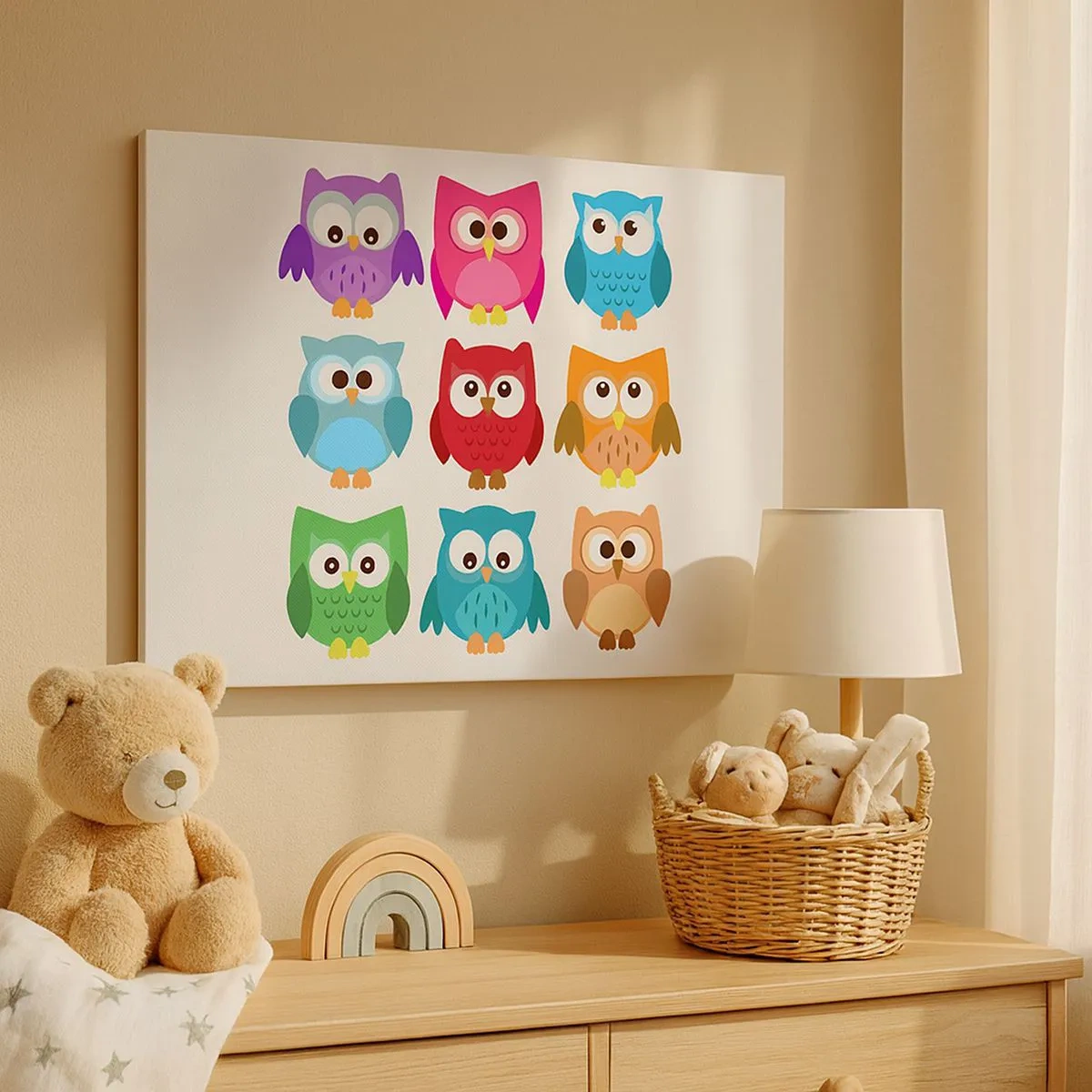 Obraz na płótnie - Kolorowe ilustracje sów w dziecięcym stylu - 70x50cm - Różnić można się zabawnie - Nowoczesna dekoracja ścienna do salonu i sypialni ARTTOR