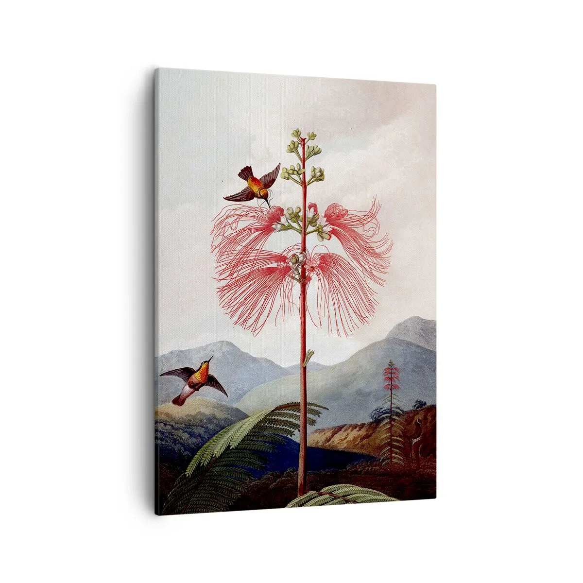 Obraz na płótnie - Ilustracja botaniczna z egzotycznym kwiatem i kolibrami na tle górskiego krajobrazu - 50x70cm - W tropikalnym raju - Nowoczesna dekoracja ścienna do salonu, kuchni i sypialni ARTTOR