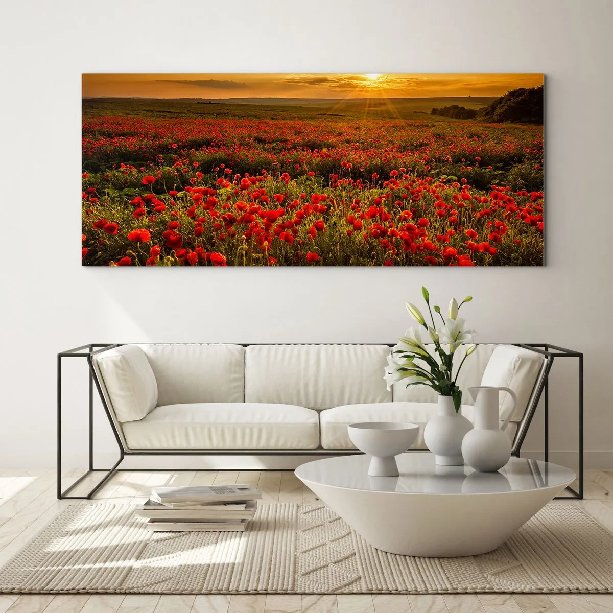Obraz na szkle - Pole czerwonych maków w blasku zachodzącego słońca - 140x50cm - Wśród fali łąk szumiących, wśród kwiatów powodzi - Nowoczesna dekoracja ścienna do salonu i sypialni ARTTOR