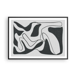 Plakat w czarnej ramie - Czarno-biała abstrakcja z organicznymi kształtami - 100x70cm - Abstrakcyjna zabawa w labiryncie - Nowoczesna dekoracja ścienna do salonu i sypialni ARTTOR