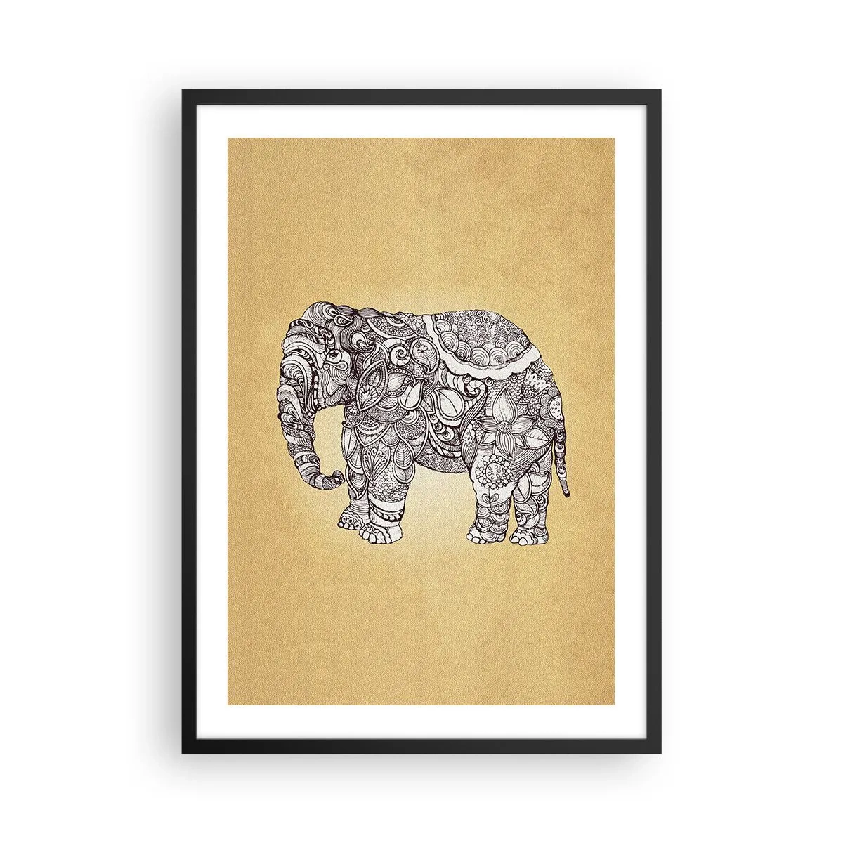 Plakat w czarnej ramie - Dekoracyjna ilustracja słonia z misternymi ornamentami na złotym tle - 50x70cm - Słoń się zasłonił - Nowoczesna dekoracja ścienna do salonu i sypialni ARTTOR
