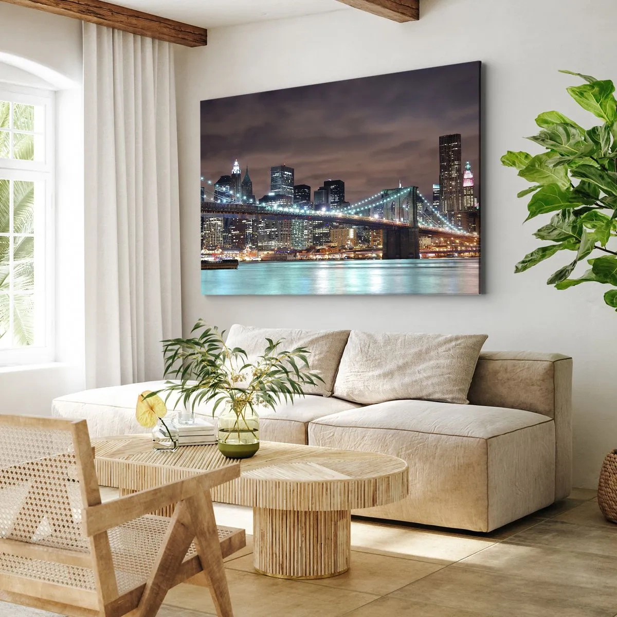 Obraz na płótnie - Most podświetlony nocą na tle nowoczesnej panoramy miasta - 70x50cm - Światła wielkiego miasta - Nowoczesna dekoracja ścienna do salonu i sypialni ARTTOR