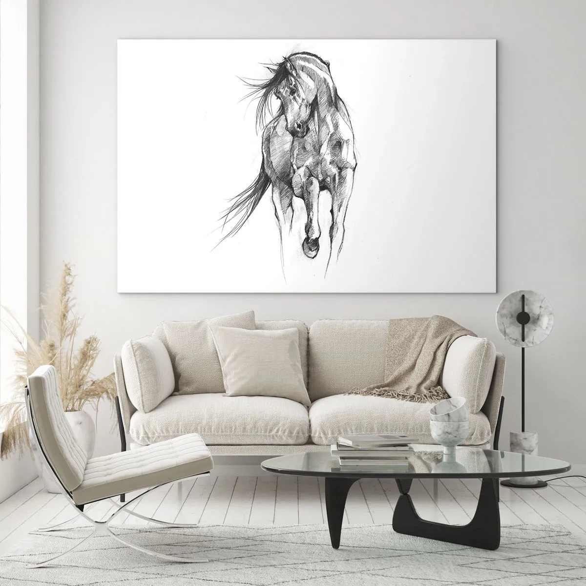Obraz na szkle - Szkic galopującego konia w minimalistycznej stylistyce - 70x50cm - We wdzięcznym kłusie - Nowoczesna dekoracja ścienna do salonu i sypialni ARTTOR