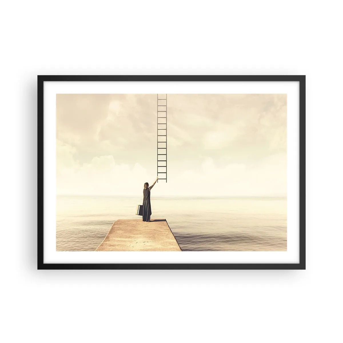 Plakat w czarnej ramie - Kobieta stojąca na molo z drabiną prowadzącą w niebo - 70x50cm - Magiczna podróż - Nowoczesna dekoracja ścienna do salonu i sypialni ARTTOR